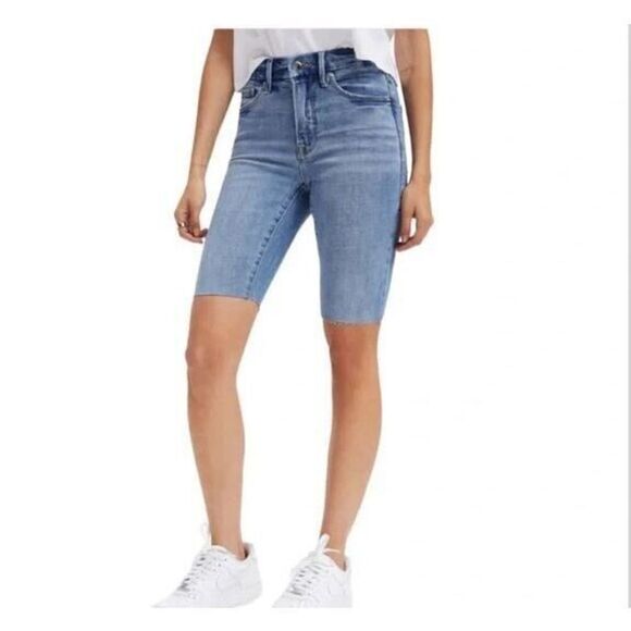 Good American GBS075T Women's Sz 0/25 Blue Bermuda Shorts w/ Frayed Hemline $99+ - Picture 7 of 8